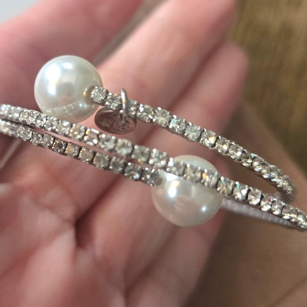 Cara NY Silver Tone Rhinestone‎ Faux Pearl Coil Wrap Bypass Bracelet Womens